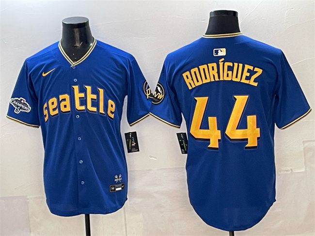 Seattle Mariners #44 Julio Rodr??guez Royal With 2025 AL West Division Champions Patch City Connect Limited Stitched Baseball Jersey Seattle Mariners #44 Julio Rodr??guez Royal With 2025 AL West Division Champions Patch City Connect Limited Stitched Baseball Jersey
