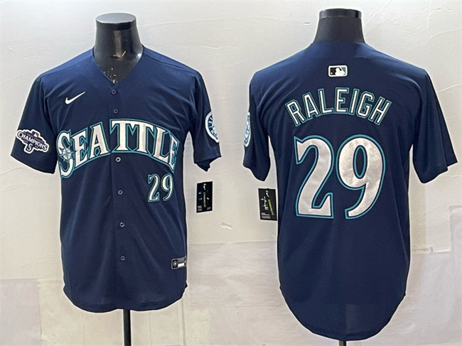 Seattle Mariners #29 Cal Raleigh Navy With 2025 AL West Division Champions Patch Limited Stitched jersey Seattle Mariners #29 Cal Raleigh Navy With 2025 AL West Division Champions Patch Limited Stitched jersey