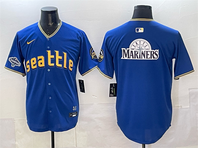 Seattle Mariners Team Big Logo Royal With 2025 AL West Division Champions Patch City Connect Limited Stitched Baseball Jersey Seattle Mariners Team Big Logo Royal With 2025 AL West Division Champions Patch City Connect Limited Stitched Baseball Jersey