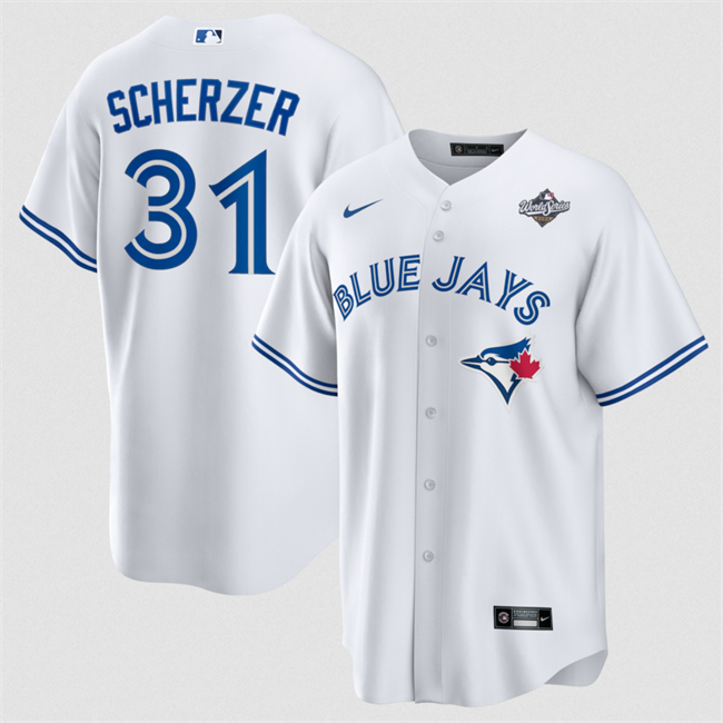 Toronto Blue Jays #31 Max Scherzer White 2025 World Series Home Cool Base Stitched Jersey  Toronto Blue Jays #31 Max Scherzer White 2025 World Series Home Cool Base Stitched Jersey