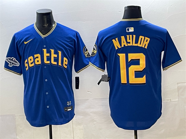 Seattle Mariners #12 Josh Naylor Royal With 2025 AL West Division Champions Patch Limited Stitched jersey Seattle Mariners #12 Josh Naylor Royal With 2025 AL West Division Champions Patch Limited Stitched jersey