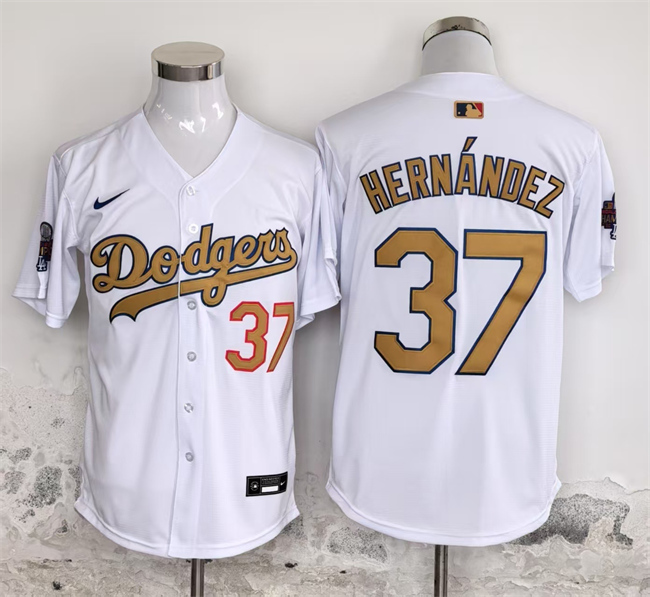 Los Angeles Dodgers #37 Teoscar Hern??ndez White Gold 2025 Cool Base Stitched Baseball Jersey Los Angeles Dodgers #37 Teoscar Hern??ndez White Gold 2025 Cool Base Stitched Baseball Jersey