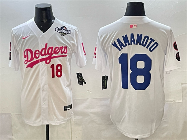 Los Angeles Dodgers #18 Yoshinobu Yamamoto White Pink 2025 World Series Vin & Kobe Patch Limited Stitched Baseball Jersey Los Angeles Dodgers #18 Yoshinobu Yamamoto White Pink 2025 World Series Vin & Kobe Patch Limited Stitched Baseball Jersey