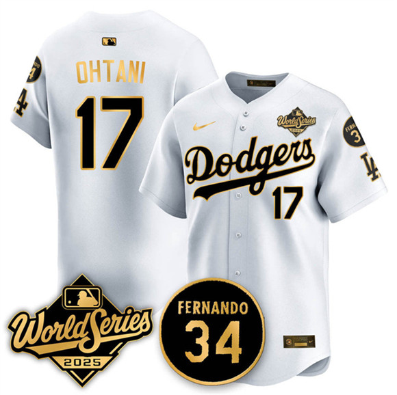Los Angeles Dodgers #17 Shohei Ohtani White Gold 2025 World Series With No.34 Patch Limited Stitched Baseball Jersey Los Angeles Dodgers #17 Shohei Ohtani White Gold 2025 World Series With No.34 Patch Limited Stitched Baseball Jersey