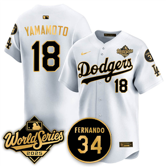 Los Angeles Dodgers #18 Yoshinobu Yamamoto White Gold 2025 World Series With No.34 Patch Limited Stitched Baseball Jersey Los Angeles Dodgers #18 Yoshinobu Yamamoto White Gold 2025 World Series With No.34 Patch Limited Stitched Baseball Jersey
