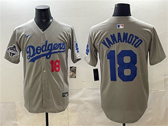 Los Angeles Dodgers #18 Yoshinobu Yamamoto Gray 2025 World Series Champions Patch Stitched Baseball Jersey Los Angeles Dodgers #18 Yoshinobu Yamamoto Gray 2025 World Series Champions Patch Stitched Baseball Jersey
