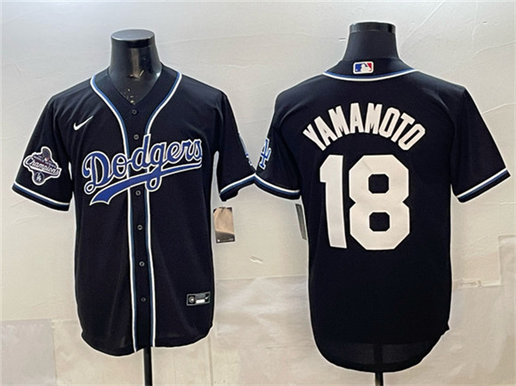 Los Angeles Dodgers #18 Yoshinobu Yamamoto Black 2025 World Series Champions Patch Cool Base Stitched Baseball Jersey Los Angeles Dodgers #18 Yoshinobu Yamamoto Black 2025 World Series Champions Patch Cool Base Stitched Baseball Jersey