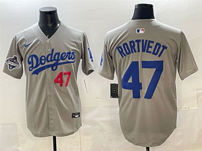 Los Angeles Dodgers #47 Ben Rortvedt Gray 2025 World Series Champions Patch Limited Stitched Baseball Jersey Los Angeles Dodgers #47 Ben Rortvedt Gray 2025 World Series Champions Patch Limited Stitched Baseball Jersey