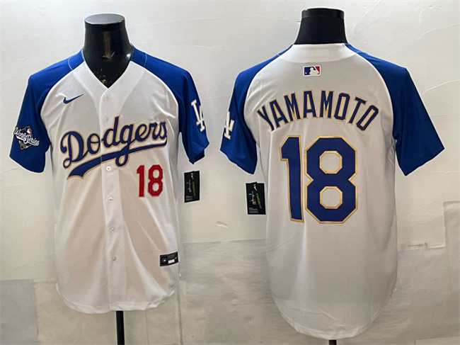 Los Angeles Dodgers #18 Yoshinobu Yamamoto White Royal 2025 World Series Patch Limited Stitched Baseball Jersey Los Angeles Dodgers #18 Yoshinobu Yamamoto White Royal 2025 World Series Patch Limited Stitched Baseball Jersey