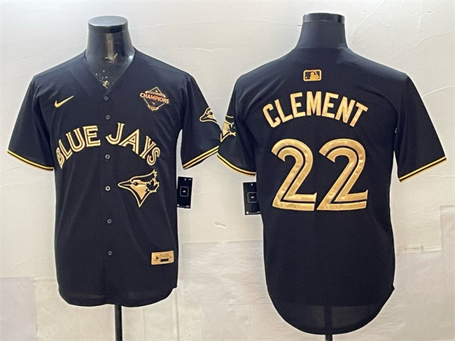 Toronto Blue Jays #22 Ernie Clement Black Gold 2025 American League Champions Limited Stitched Baseball Jersey Toronto Blue Jays #22 Ernie Clement Black Gold 2025 American League Champions Limited Stitched Baseball Jersey
