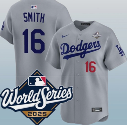 Los Angeles Dodgers #16 Will Smith Gray 2025 World Series Limited Stitched Baseball Jersey Los Angeles Dodgers #16 Will Smith Gray 2025 World Series Limited Stitched Baseball Jersey