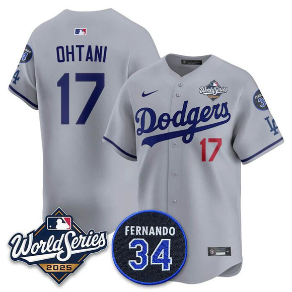 Los Angeles Dodgers #17 Shohei Ohtani Gray 2025 World Series With No. 34 Patch Limited Stitched Jersey Los Angeles Dodgers #17 Shohei Ohtani Gray 2025 World Series With No. 34 Patch Limited Stitched Jersey