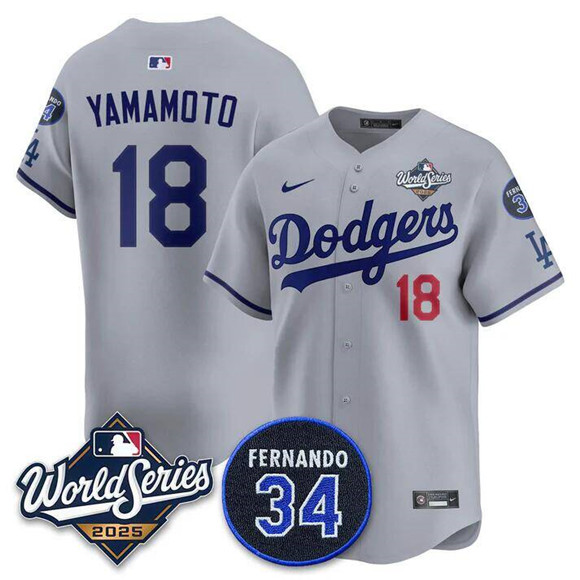 Los Angeles Dodgers #18 Yoshinobu Yamamoto Gray 2025 World Series With No. 34 Patch Limited Stitched Jersey Los Angeles Dodgers #18 Yoshinobu Yamamoto Gray 2025 World Series With No. 34 Patch Limited Stitched Jersey
