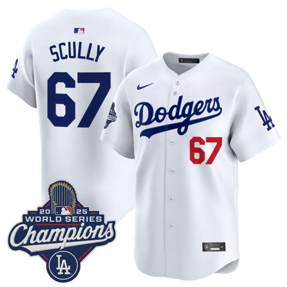 Los Angeles Dodgers #67 Vin Scully White 2025 Champions Stitched Baseball Jersey Los Angeles Dodgers #67 Vin Scully White 2025 Champions Stitched Baseball Jersey