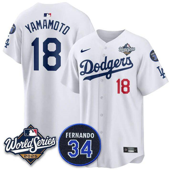 Los Angeles Dodgers #18 Yoshinobu Yamamoto White 2025 World Series With No. 34 Patch Limited Stitched Jersey Los Angeles Dodgers #18 Yoshinobu Yamamoto White 2025 World Series With No. 34 Patch Limited Stitched Jersey