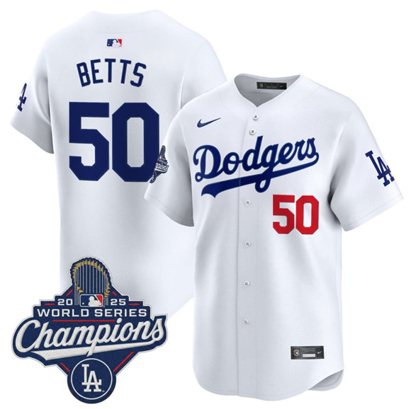 Los Angeles Dodgers #50 Mookie Betts White 2025 Champions Stitched Baseball Jersey Los Angeles Dodgers #50 Mookie Betts White 2025 Champions Stitched Baseball Jersey