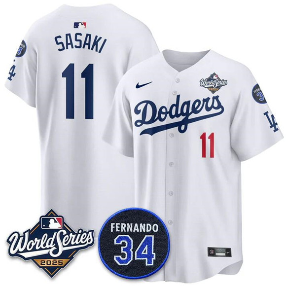 Los Angeles Dodgers #11 R??ki Sasaki White 2025 World Series With No. 34 Patch Limited Stitched Jersey Los Angeles Dodgers #11 R??ki Sasaki White 2025 World Series With No. 34 Patch Limited Stitched Jersey