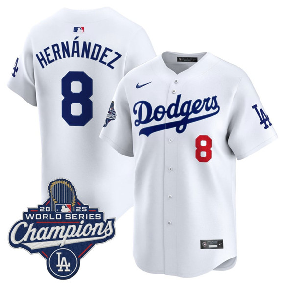 Los Angeles Dodgers #8 Enrique Hernandez White 2025 Champions Stitched Baseball Jersey Los Angeles Dodgers #8 Enrique Hernandez White 2025 Champions Stitched Baseball Jersey