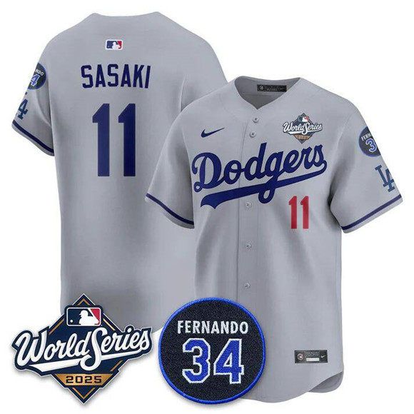 Los Angeles Dodgers #11 R??ki Sasaki Gray 2025 World Series With No. 34 Patch Limited Stitched Jersey Los Angeles Dodgers #11 R??ki Sasaki Gray 2025 World Series With No. 34 Patch Limited Stitched Jersey