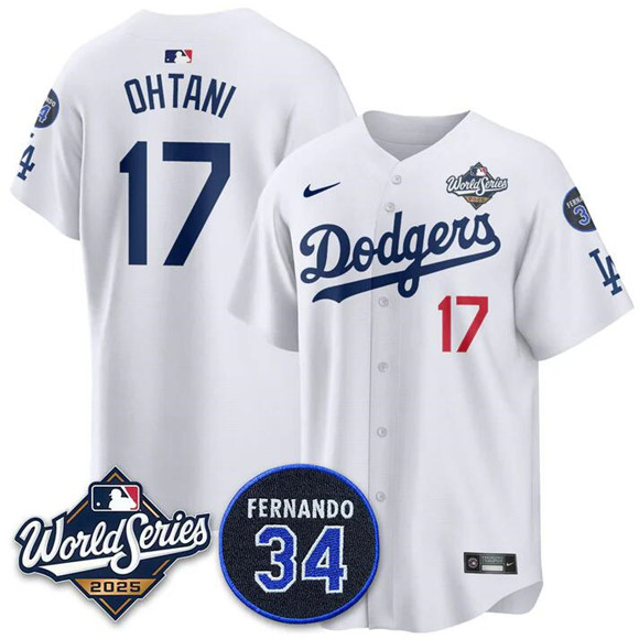 Los Angeles Dodgers #17 Shohei Ohtani White 2025 World Series With No. 34 Patch Limited Stitched Jersey Los Angeles Dodgers #17 Shohei Ohtani White 2025 World Series With No. 34 Patch Limited Stitched Jersey
