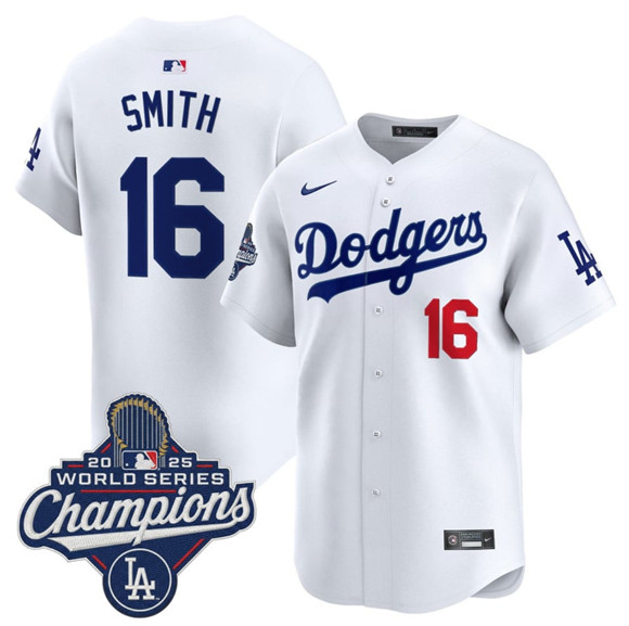 Los Angeles Dodgers #16 Will Smith White 2025 Champions Stitched Baseball Jersey Los Angeles Dodgers #16 Will Smith White 2025 Champions Stitched Baseball Jersey