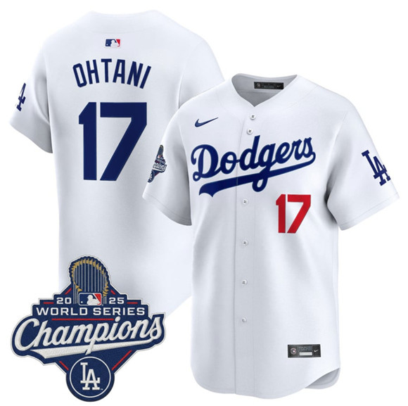 Los Angeles Dodgers #17 Shohei Ohtani White 2025 Champions Stitched Baseball Jersey Los Angeles Dodgers #17 Shohei Ohtani White 2025 Champions Stitched Baseball Jersey