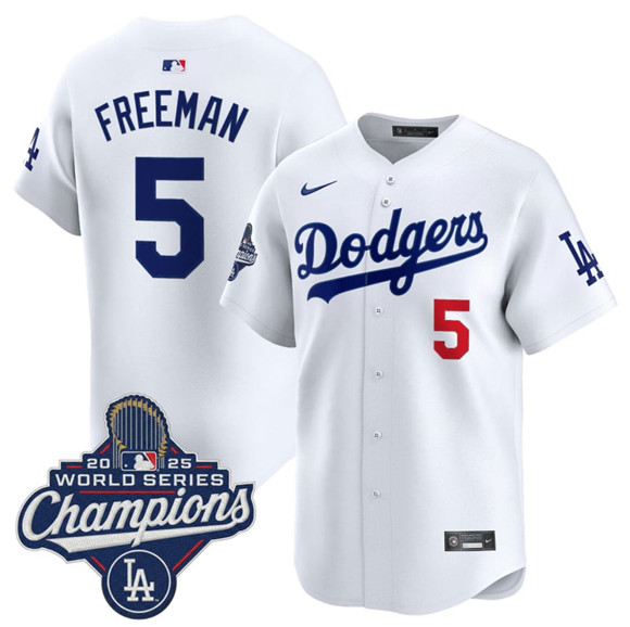 Los Angeles Dodgers #5 Freddie Freeman White 2025 Champions Stitched Baseball Jersey Los Angeles Dodgers #5 Freddie Freeman White 2025 Champions Stitched Baseball Jersey