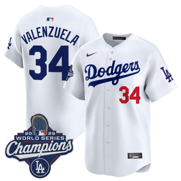 Los Angeles Dodgers #34 Fernando Valenzuela White 2025 Champions Stitched Baseball Jersey Los Angeles Dodgers #34 Fernando Valenzuela White 2025 Champions Stitched Baseball Jersey