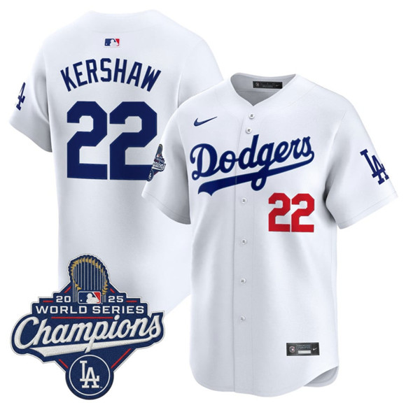 Los Angeles Dodgers #22 Clayton Kershaw White 2025 Champions Stitched Baseball Jersey Los Angeles Dodgers #22 Clayton Kershaw White 2025 Champions Stitched Baseball Jersey