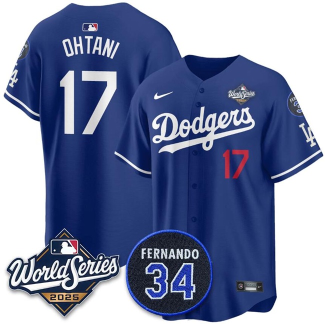 Los Angeles Dodgers #17 Shohei Ohtani Royal 2025 World Series With No.34 Patch Limited Stitched Baseball Jersey Los Angeles Dodgers #17 Shohei Ohtani Royal 2025 World Series With No.34 Patch Limited Stitched Baseball Jersey