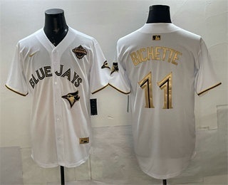 Toronto Blue Jays #11 Bo Bichette White Gold 2025 American League Champions Limited Stitched Jersey Toronto Blue Jays #11 Bo Bichette White Gold 2025 American League Champions Limited Stitched Jersey