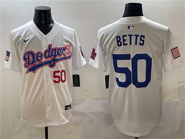 Los Angeles Dodgers #50 Mookie Betts White With American Flag Patch Limited Stitched Baseball Jersey