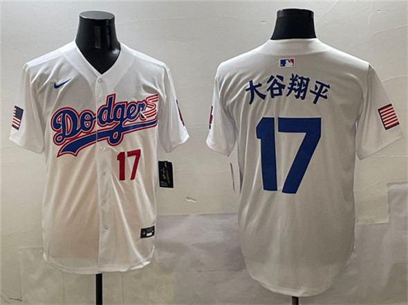 Los Angeles Dodgers #17 ??????? White With American Flag Patch Limited Stitched Baseball Jersey