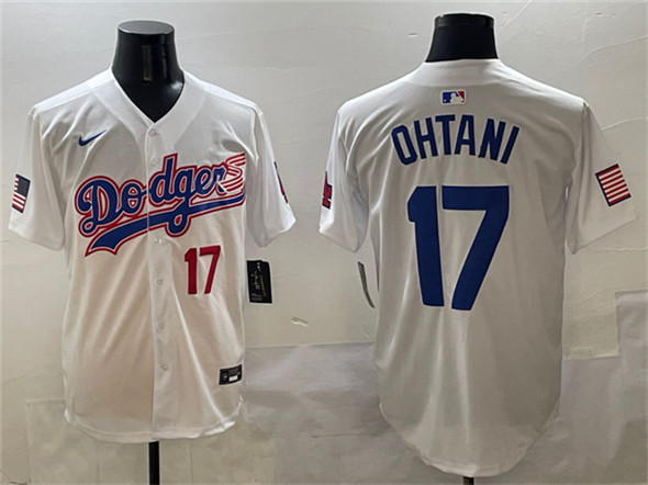 Los Angeles Dodgers #17 Shohei Ohtani White With American Flag Patch Limited Stitched Baseball Jersey