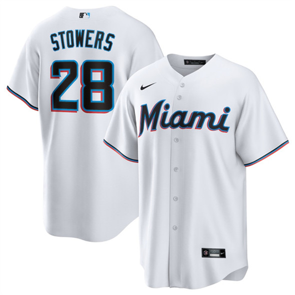 Miami Marlins #28 Kyle Stowers White Cool Base Stitched Baseball Jersey Miami Marlins #28 Kyle Stowers White Cool Base Stitched Baseball Jersey