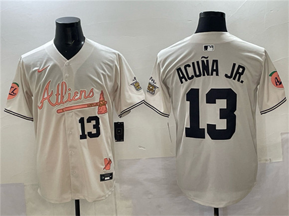 Atlanta Braves #13 Ronald Acu?a Jr. Cream 2024 Atliens & Peach With Outkast Patch Vapor Limited Stitched Baseball Jersey Atlanta Braves #13 Ronald Acu?a Jr. Cream 2024 Atliens & Peach With Outkast Patch Vapor Limited Stitched Baseball Jersey