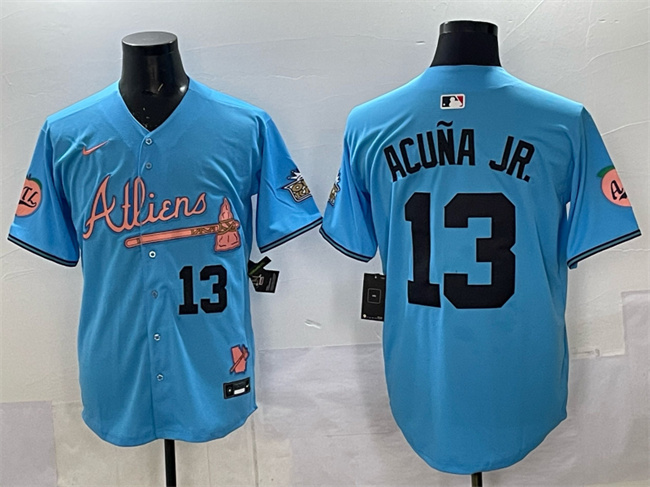Atlanta Braves #13 Ronald Acuna Jr. Blue 2024 Atliens & Peach With Outkast Patch Vapor Limited Stitched Baseball Jersey Atlanta Braves #13 Ronald Acuna Jr. Blue 2024 Atliens & Peach With Outkast Patch Vapor Limited Stitched Baseball Jersey