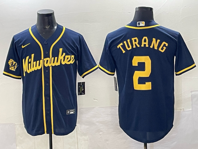 Milwaukee Brewers #2 Brice Turang Navy 2025 With Patch Stitched Baseball Jersey Milwaukee Brewers #2 Brice Turang Navy 2025 With Patch Stitched Baseball Jersey