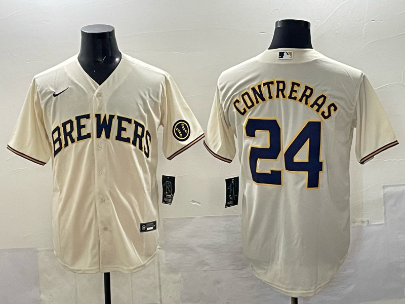 Milwaukee Brewers #24 William Contreras Cream With Patch Stitched Baseball Jersey Milwaukee Brewers #24 William Contreras Cream With Patch Stitched Baseball Jersey