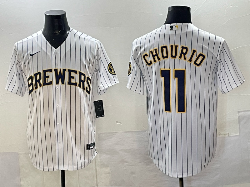 Milwaukee Brewers #11 Jackson Chourio White Pinstripe 2025 With Patch Stitched Baseball Jersey Milwaukee Brewers #11 Jackson Chourio White Pinstripe 2025 With Patch Stitched Baseball Jersey