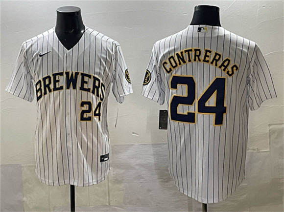 Milwaukee Brewers #24 William Contreras White Pinstripe 2025 With Patch Stitched Stitched Jersey Milwaukee Brewers #24 William Contreras White Pinstripe 2025 With Patch Stitched Stitched Jersey