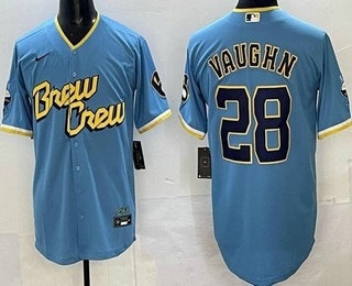 Milwaukee Brewers #28 Andrew Vaughn Powder Blue 2022 City Connect Cool Base Jersey Milwaukee Brewers #28 Andrew Vaughn Powder Blue 2022 City Connect Cool Base Jersey