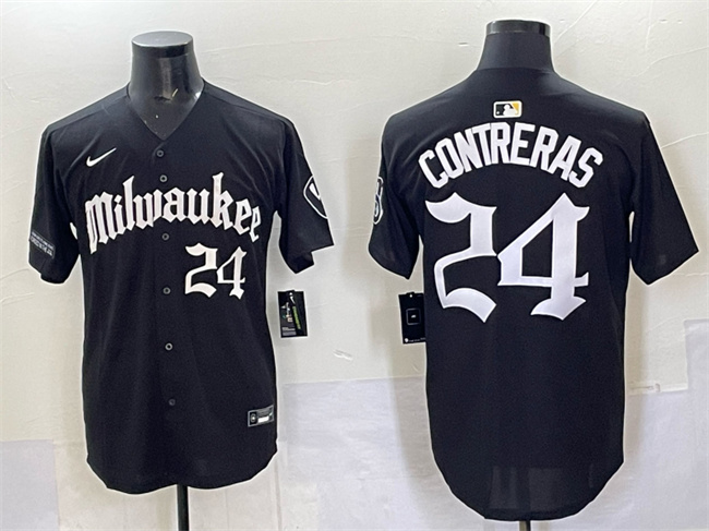 Milwaukee Brewers #24 William Contreras Black 'Gothic 414 Shadows Edition' Vapor Premier Limited Stitched Jersey Milwaukee Brewers #24 William Contreras Black 'Gothic 414 Shadows Edition' Vapor Premier Limited Stitched Jersey