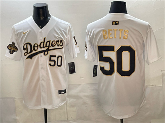 Los Angeles Dodgers #50 Mookie Betts White Gold 2025 World Series Champions Patch Limited Stitched Baseball Jersey Los Angeles Dodgers #50 Mookie Betts White Gold 2025 World Series Champions Patch Limited Stitched Baseball Jersey