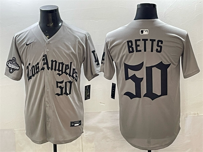 Los Angeles Dodgers #50 Mookie Betts Grey LA Gothic Style With 2025 World Series Champions Patch Limited Stitched Baseball Jersey Los Angeles Dodgers #50 Mookie Betts Grey LA Gothic Style With 2025 World Series Champions Patch Limited Stitched Baseball Jersey