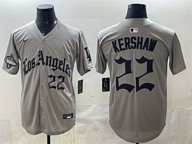 Los Angeles Dodgers #22 Clayton Kershaw Grey LA Gothic Style With 2025 World Series Champions Patch Limited Stitched Baseball Jersey Los Angeles Dodgers #22 Clayton Kershaw Grey LA Gothic Style With 2025 World Series Champions Patch Limited Stitched Baseball Jersey