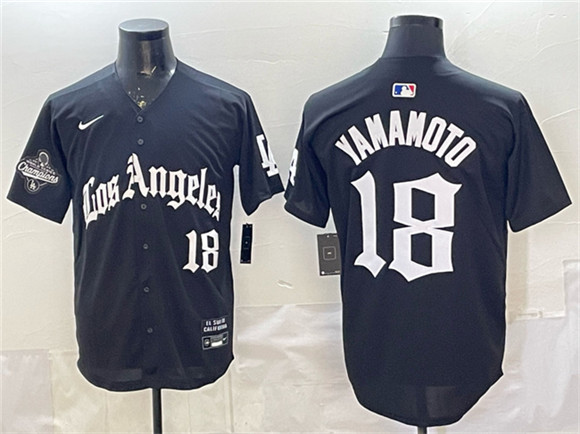 Los Angeles Dodgers #18 Yoshinobu Yamamoto Black LA Gothic Style With 2025 World Series Champions Patch Limited Stitched Baseball Jersey Los Angeles Dodgers #18 Yoshinobu Yamamoto Black LA Gothic Style With 2025 World Series Champions Patch Limited Stitched Baseball Jersey