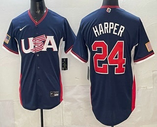 USA #24 Bryce Harper Navy 2026 World Baseball Classic Cool Base Jersey USA #24 Bryce Harper Navy 2026 World Baseball Classic Cool Base Jersey