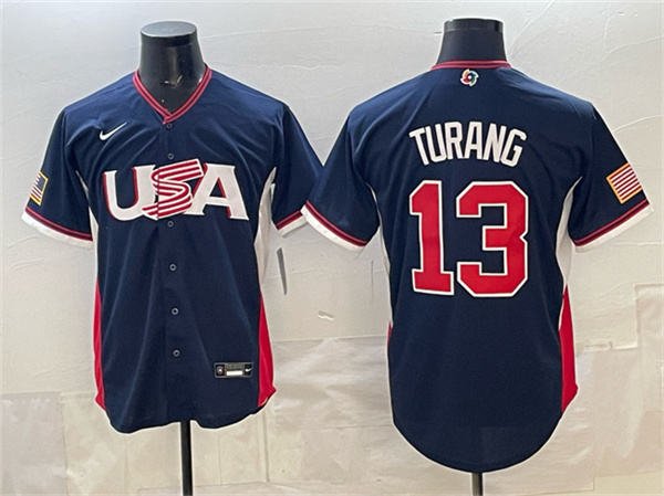 USA Baseball #13 Brice Turang Navy 2026 World Baseball Classic Road Stadium Stitched Jersey USA Baseball #13 Brice Turang Navy 2026 World Baseball Classic Road Stadium Stitched Jersey