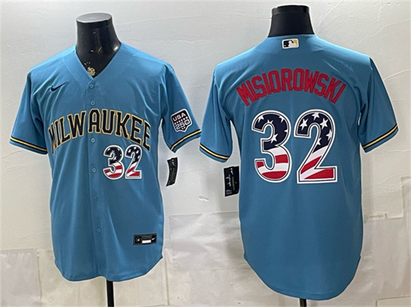 Milwaukee Brewers #32 Jacob Misiorowski Blue 2026 USA 250 Fourth of July Home Stadium Stitched Baseball Jersey Milwaukee Brewers #32 Jacob Misiorowski Blue 2026 USA 250 Fourth of July Home Stadium Stitched Baseball Jersey
